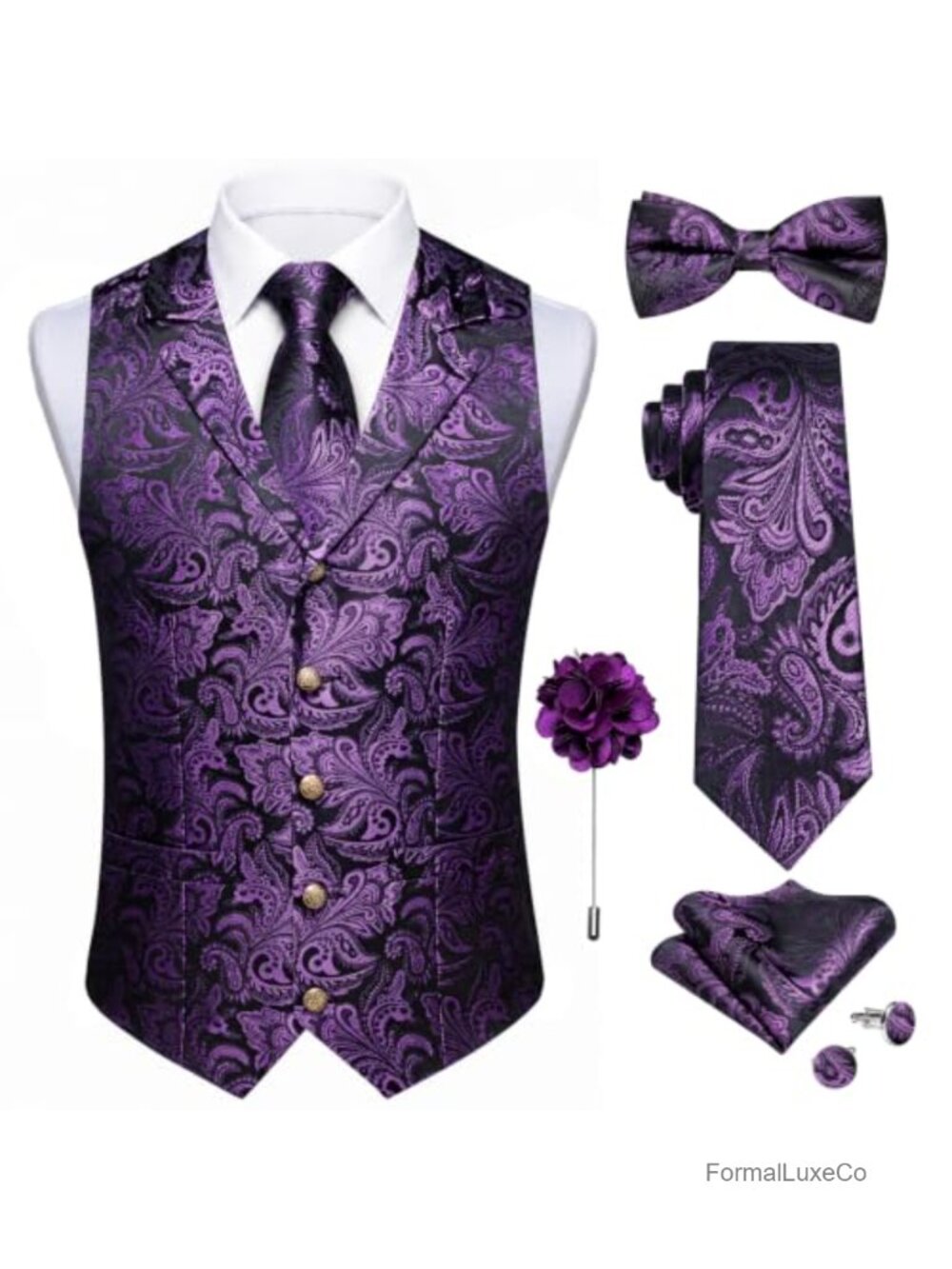 Mens Silk Paisley Vest Tie Set Notch Lapel Wedding Formal Waistcoat